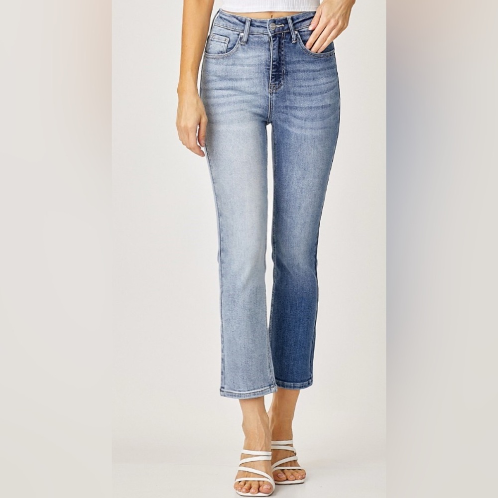 Risen Denim High Rise Cropped Straight Two Toned Jeans